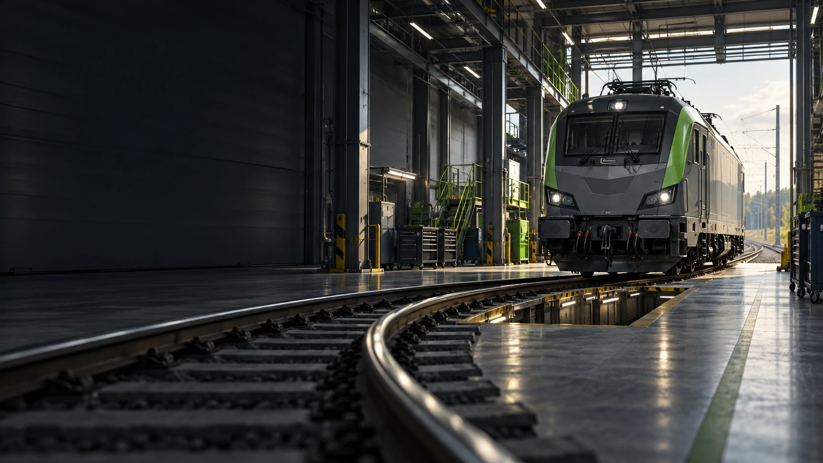 KI-generierte Illustration einer Elektrolokomotive in einer Eisenbahnwerkstatt